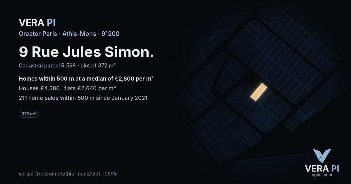 9 Rue Jules Simon, Athis-Mons at night – the plot lit, the parcels around coloured by the prices near them