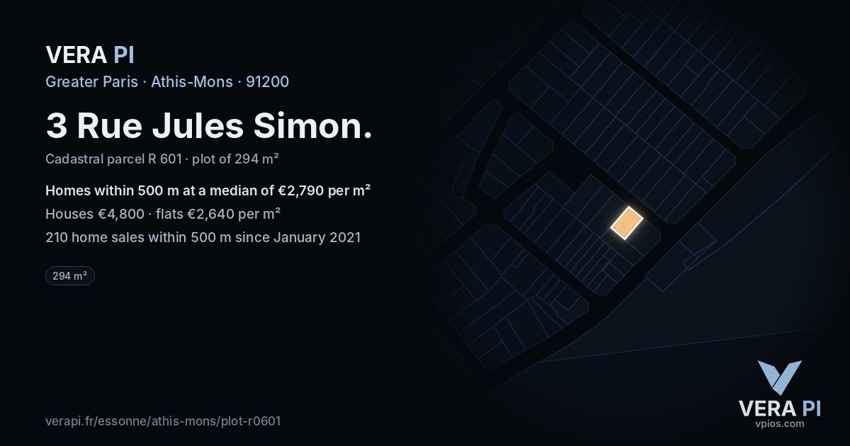 3 Rue Jules Simon, Athis-Mons at night – the plot lit, the parcels around coloured by the prices near them