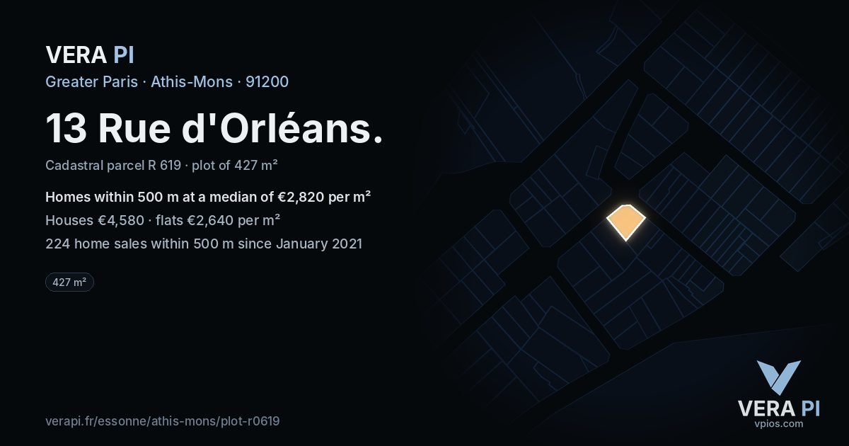 13 Rue d'Orléans, Athis-Mons at night – the plot lit, the parcels around coloured by the prices near them
