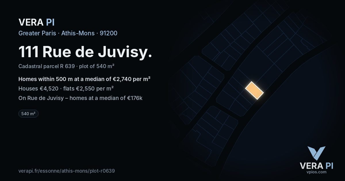 111 Rue de Juvisy, Athis-Mons at night – the plot lit, the parcels around coloured by the prices near them
