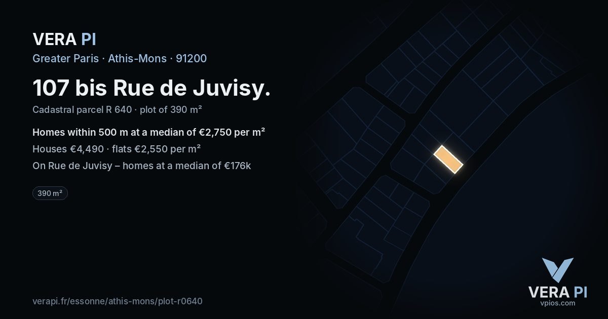 107 bis Rue de Juvisy, Athis-Mons at night – the plot lit, the parcels around coloured by the prices near them