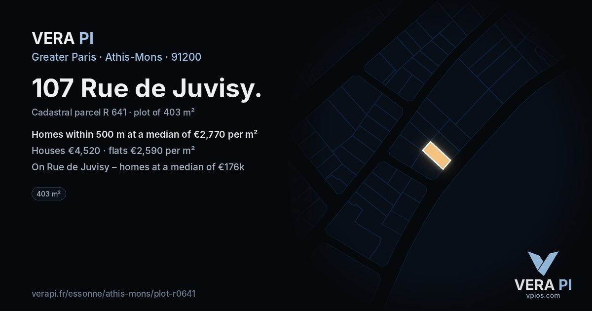 107 Rue de Juvisy, Athis-Mons at night – the plot lit, the parcels around coloured by the prices near them