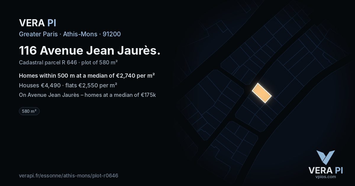 116 Avenue Jean Jaurès, Athis-Mons at night – the plot lit, the parcels around coloured by the prices near them