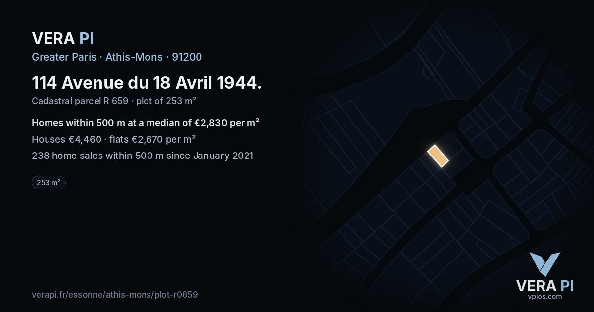 114 Avenue du 18 Avril 1944, Athis-Mons at night – the plot lit, the parcels around coloured by the prices near them