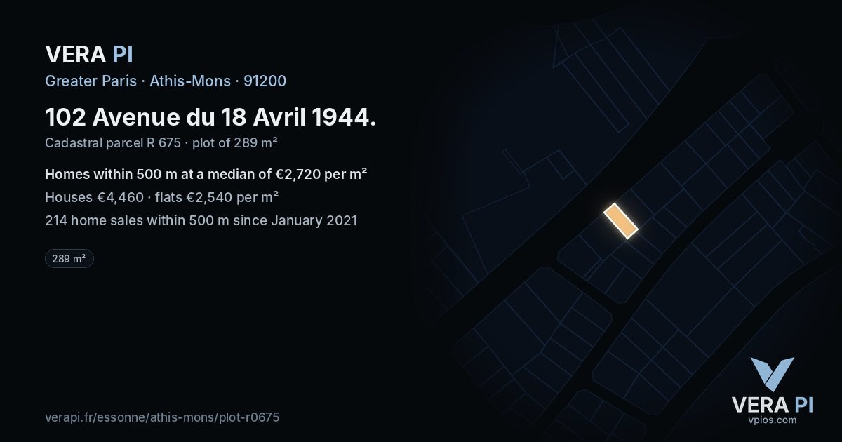 102 Avenue du 18 Avril 1944, Athis-Mons at night – the plot lit, the parcels around coloured by the prices near them