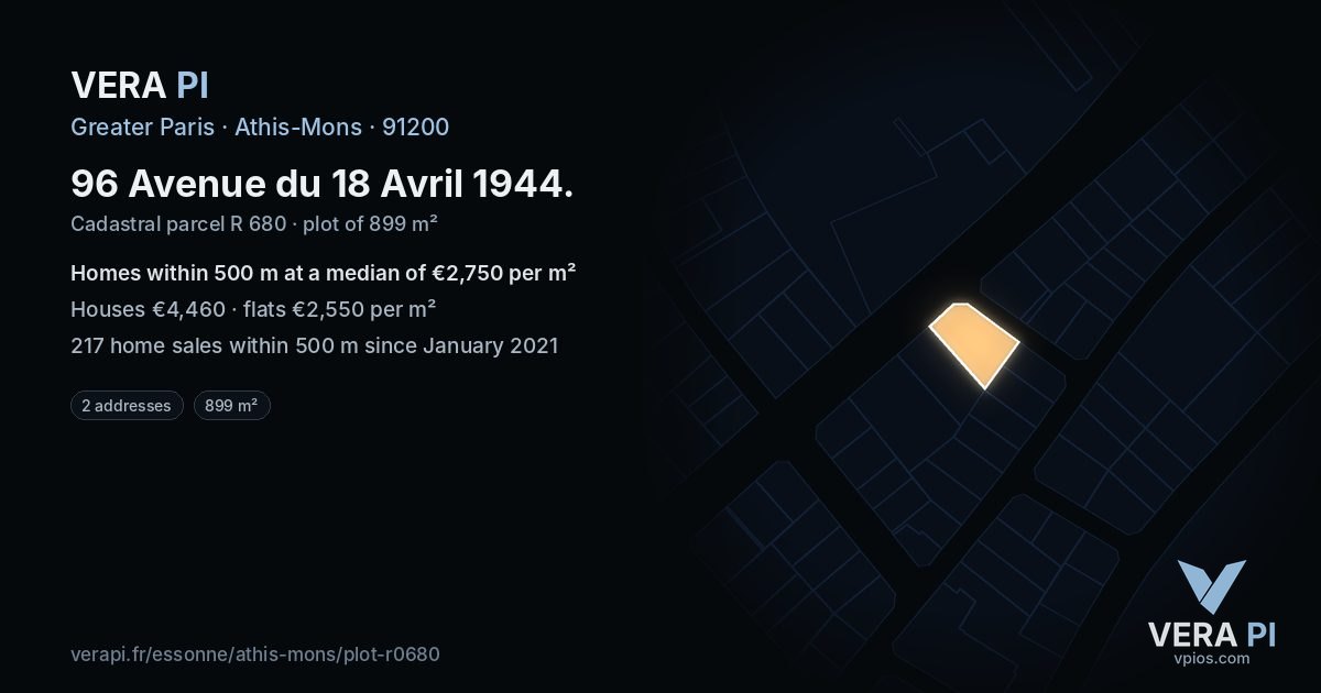 96 Avenue du 18 Avril 1944, Athis-Mons at night – the plot lit, the parcels around coloured by the prices near them