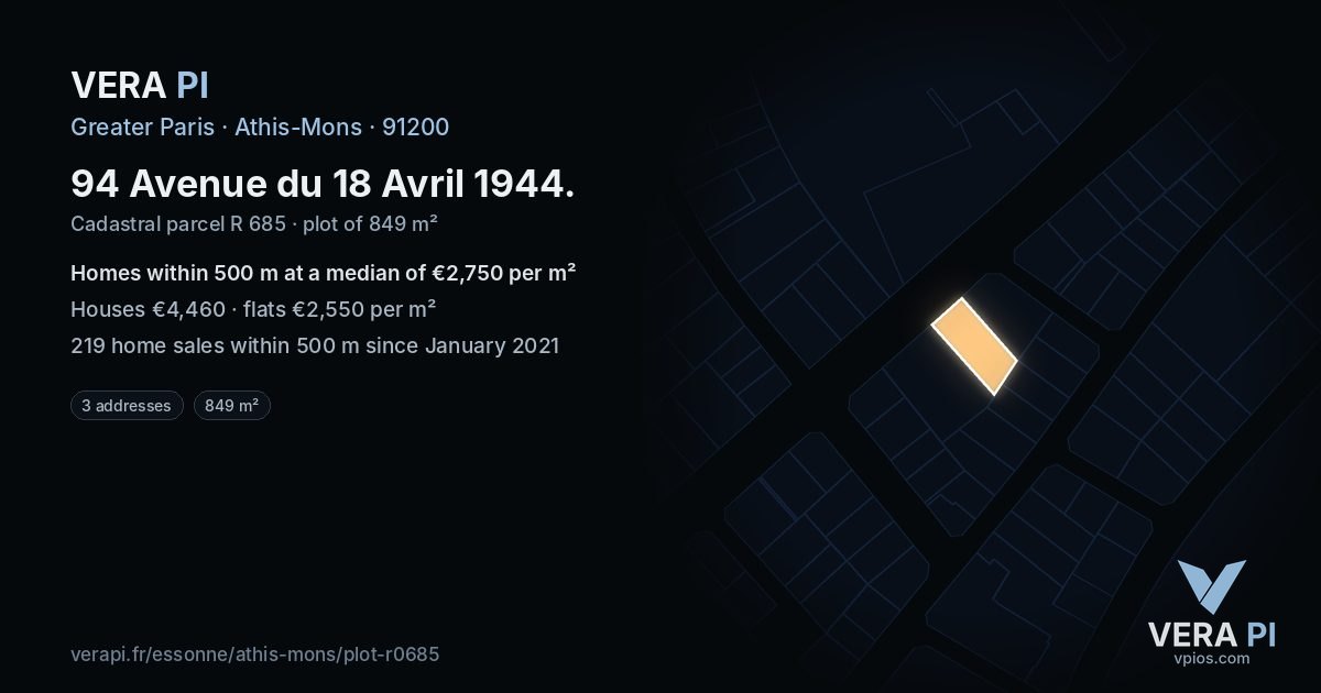 94 Avenue du 18 Avril 1944, Athis-Mons at night – the plot lit, the parcels around coloured by the prices near them