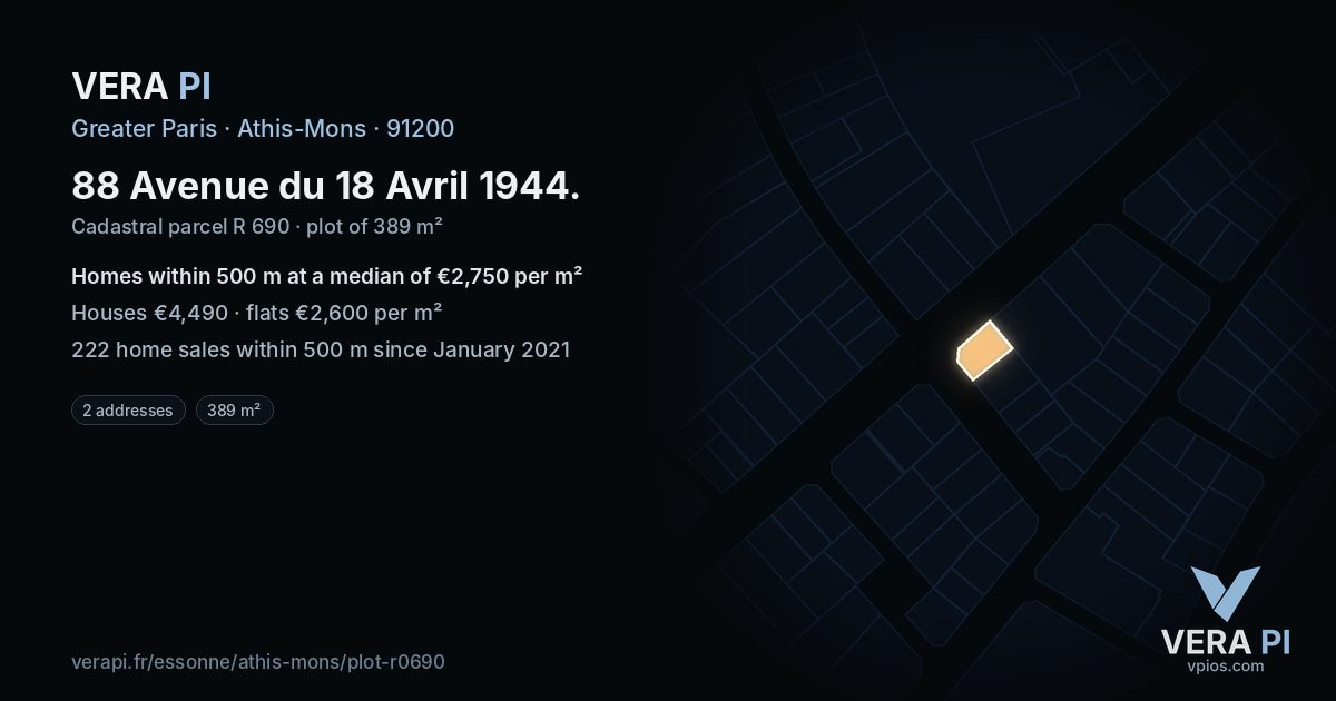 88 Avenue du 18 Avril 1944, Athis-Mons at night – the plot lit, the parcels around coloured by the prices near them