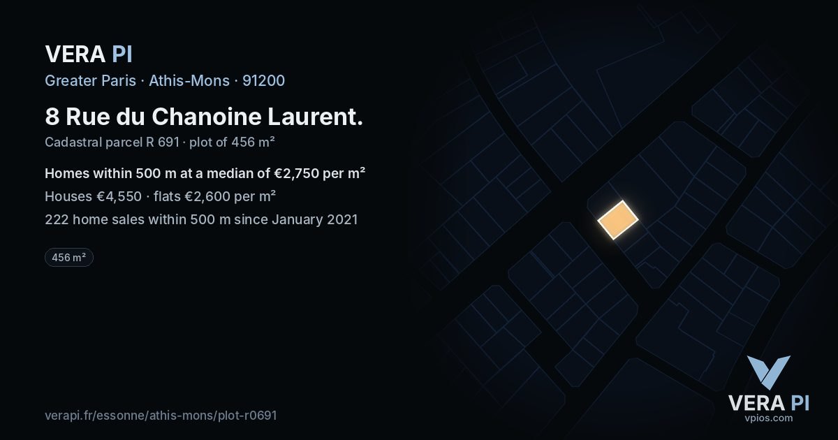 8 Rue du Chanoine Laurent, Athis-Mons at night – the plot lit, the parcels around coloured by the prices near them