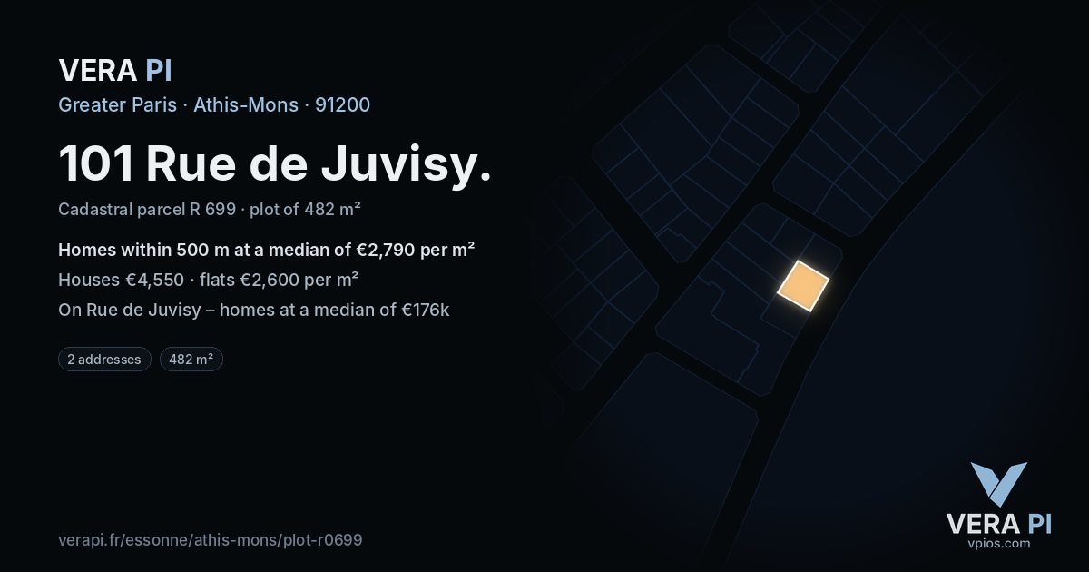 101 Rue de Juvisy, Athis-Mons at night – the plot lit, the parcels around coloured by the prices near them