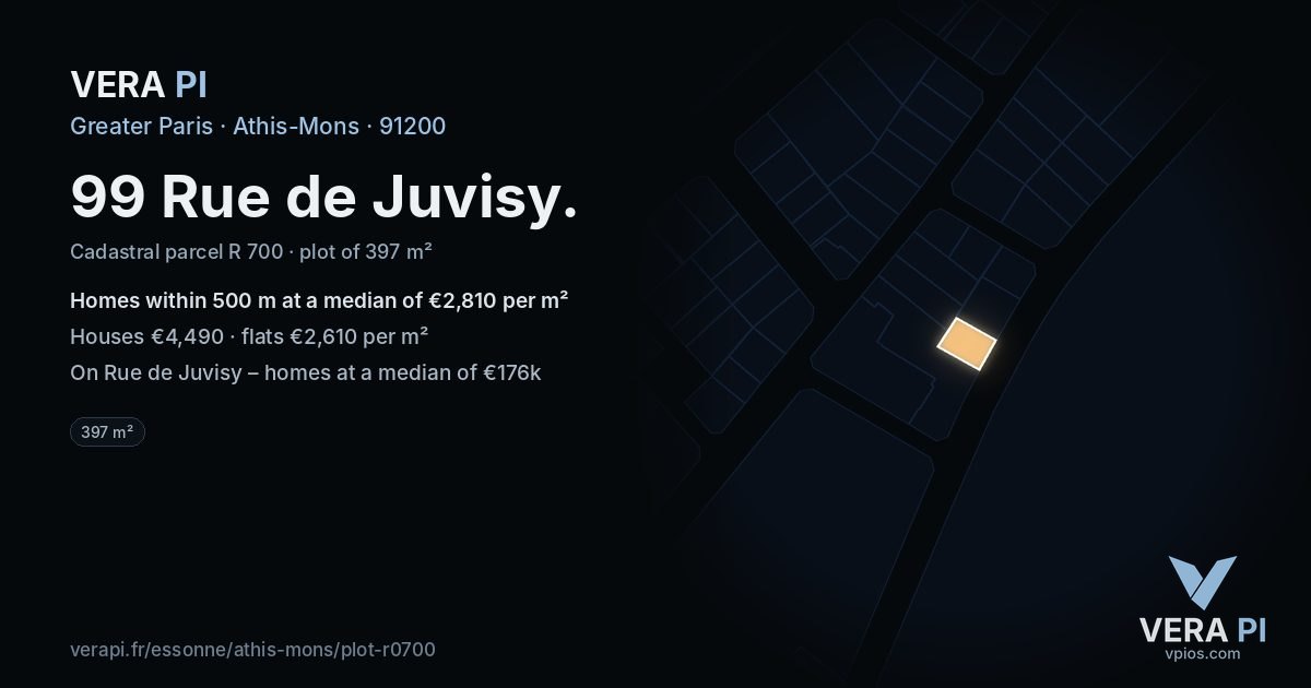 99 Rue de Juvisy, Athis-Mons at night – the plot lit, the parcels around coloured by the prices near them