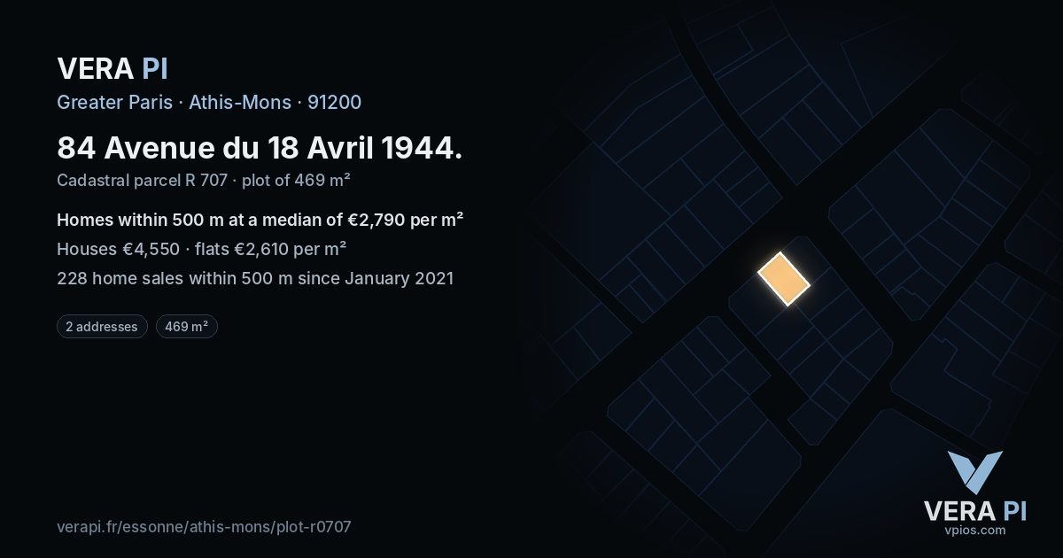 84 Avenue du 18 Avril 1944, Athis-Mons at night – the plot lit, the parcels around coloured by the prices near them