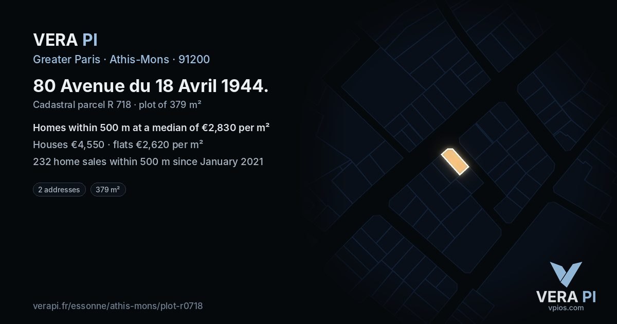 80 Avenue du 18 Avril 1944, Athis-Mons at night – the plot lit, the parcels around coloured by the prices near them