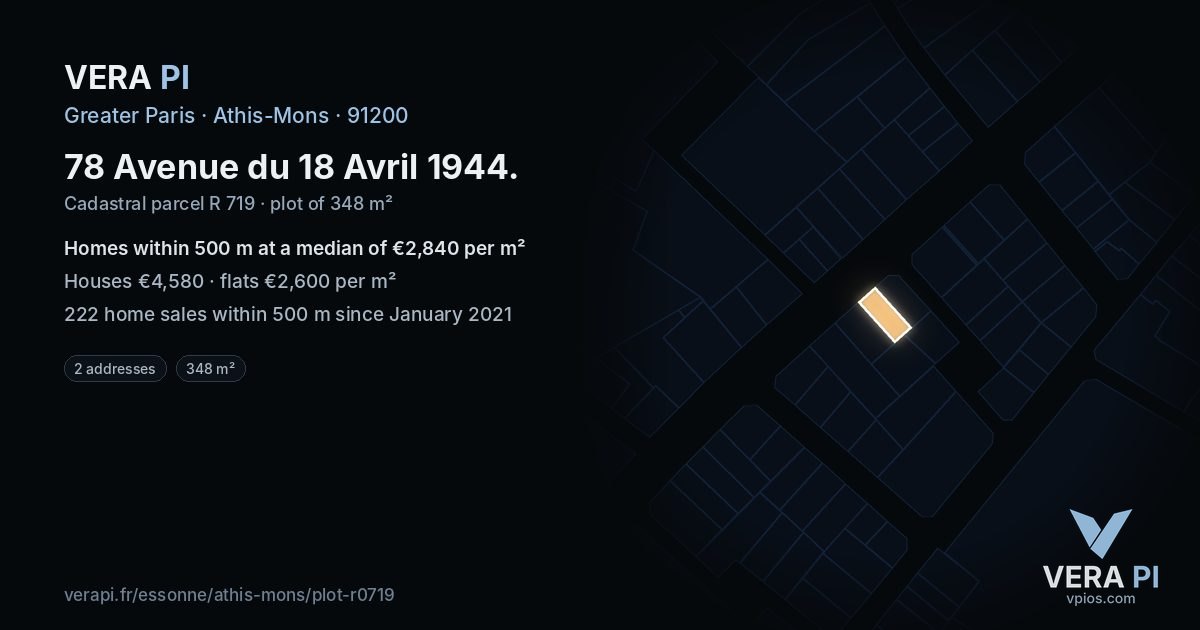 78 Avenue du 18 Avril 1944, Athis-Mons at night – the plot lit, the parcels around coloured by the prices near them