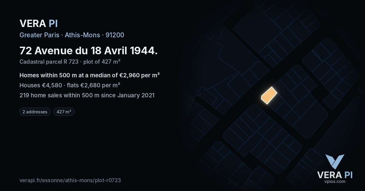 72 Avenue du 18 Avril 1944, Athis-Mons at night – the plot lit, the parcels around coloured by the prices near them