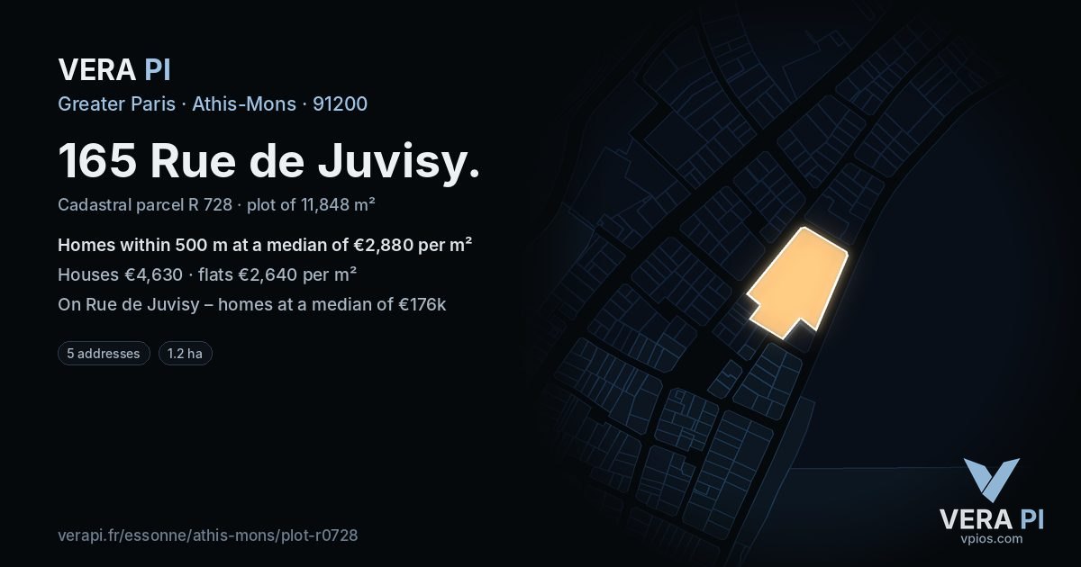 165 Rue de Juvisy, Athis-Mons at night – the plot lit, the parcels around coloured by the prices near them