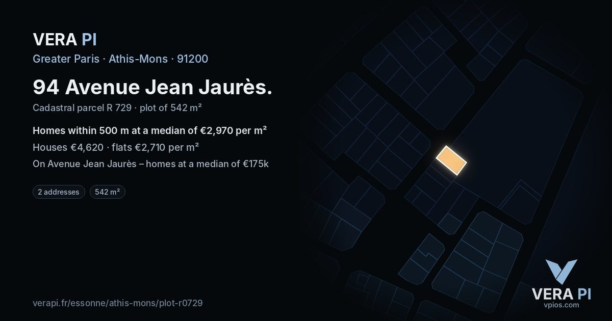 94 Avenue Jean Jaurès, Athis-Mons at night – the plot lit, the parcels around coloured by the prices near them