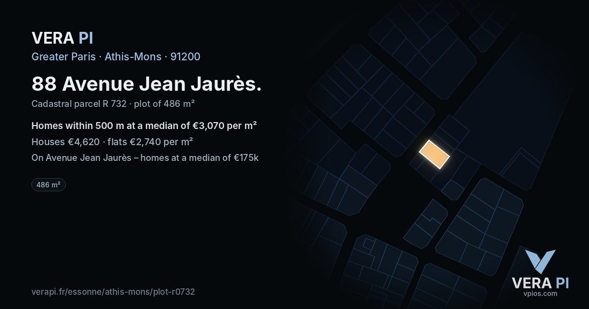 88 Avenue Jean Jaurès, Athis-Mons at night – the plot lit, the parcels around coloured by the prices near them