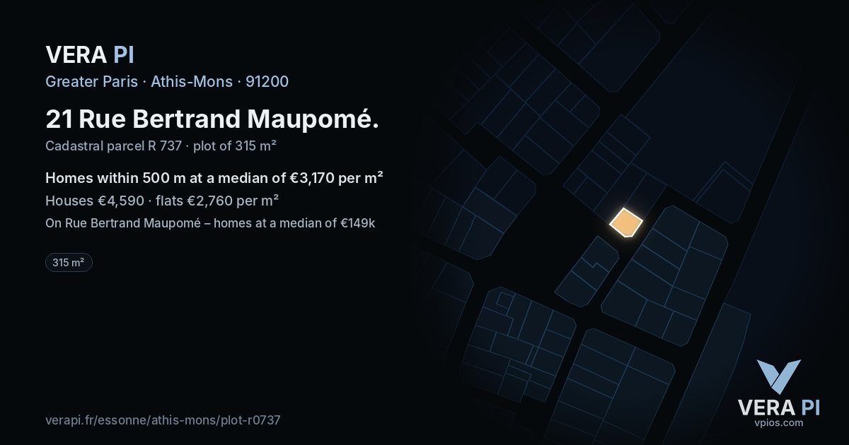 21 Rue Bertrand Maupomé, Athis-Mons at night – the plot lit, the parcels around coloured by the prices near them