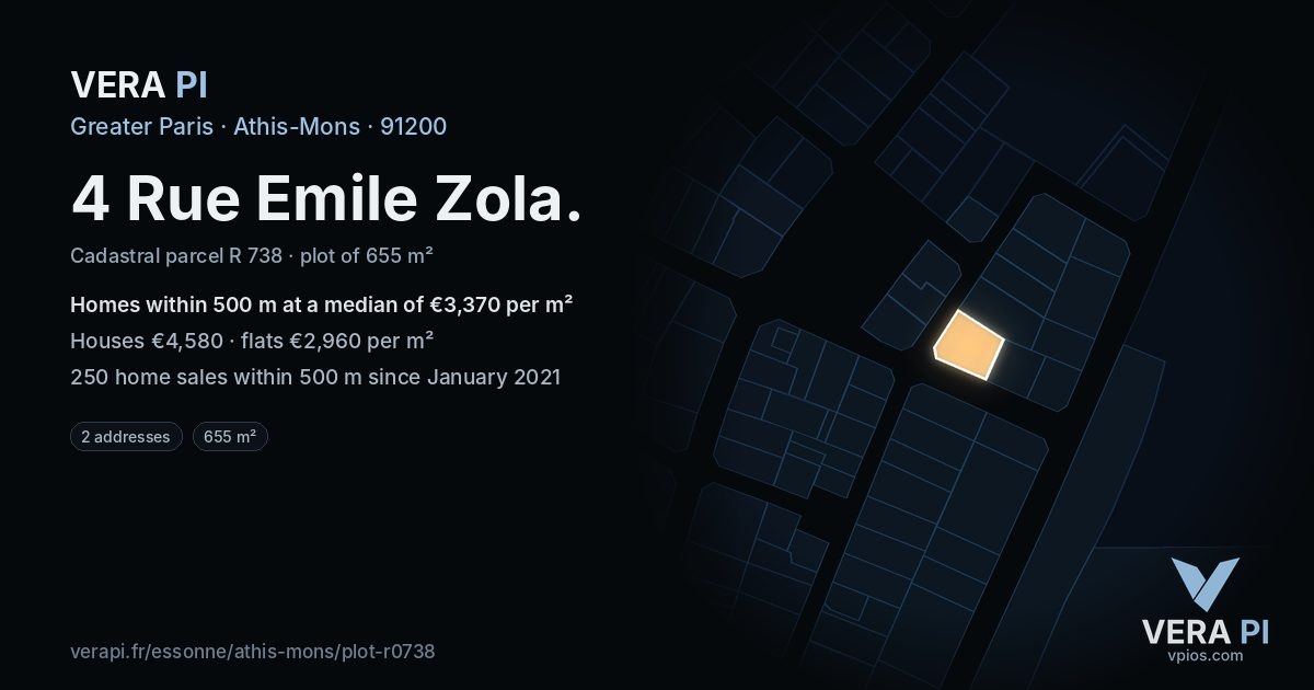 4 Rue Emile Zola, Athis-Mons at night – the plot lit, the parcels around coloured by the prices near them