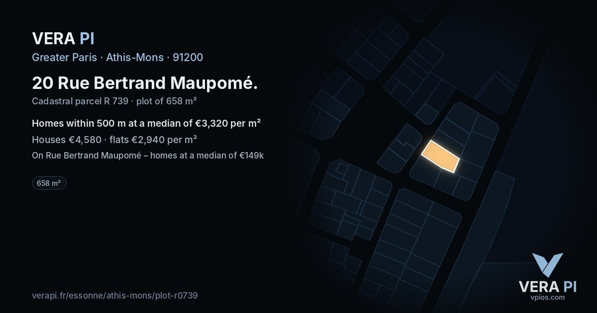 20 Rue Bertrand Maupomé, Athis-Mons at night – the plot lit, the parcels around coloured by the prices near them