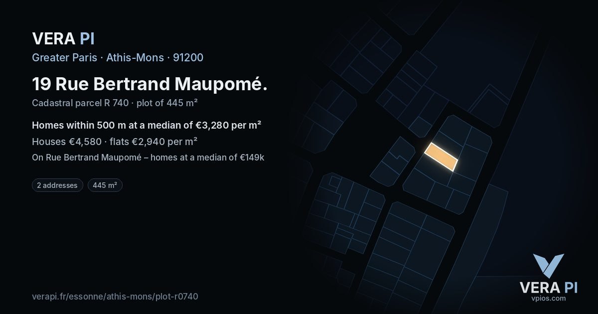 19 Rue Bertrand Maupomé, Athis-Mons at night – the plot lit, the parcels around coloured by the prices near them
