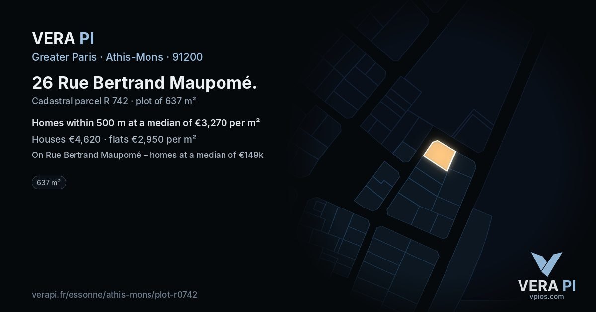 26 Rue Bertrand Maupomé, Athis-Mons at night – the plot lit, the parcels around coloured by the prices near them