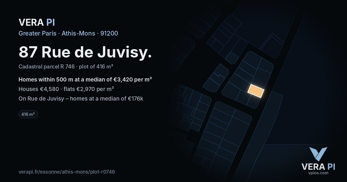 87 Rue de Juvisy, Athis-Mons at night – the plot lit, the parcels around coloured by the prices near them