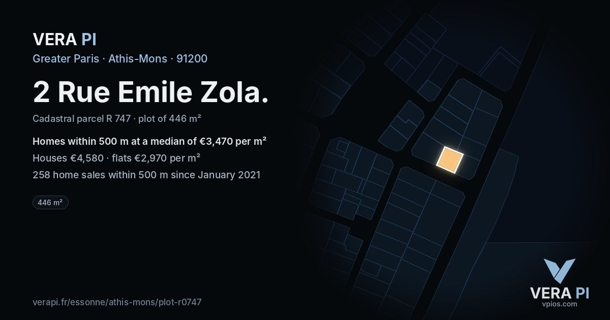 2 Rue Emile Zola, Athis-Mons at night – the plot lit, the parcels around coloured by the prices near them