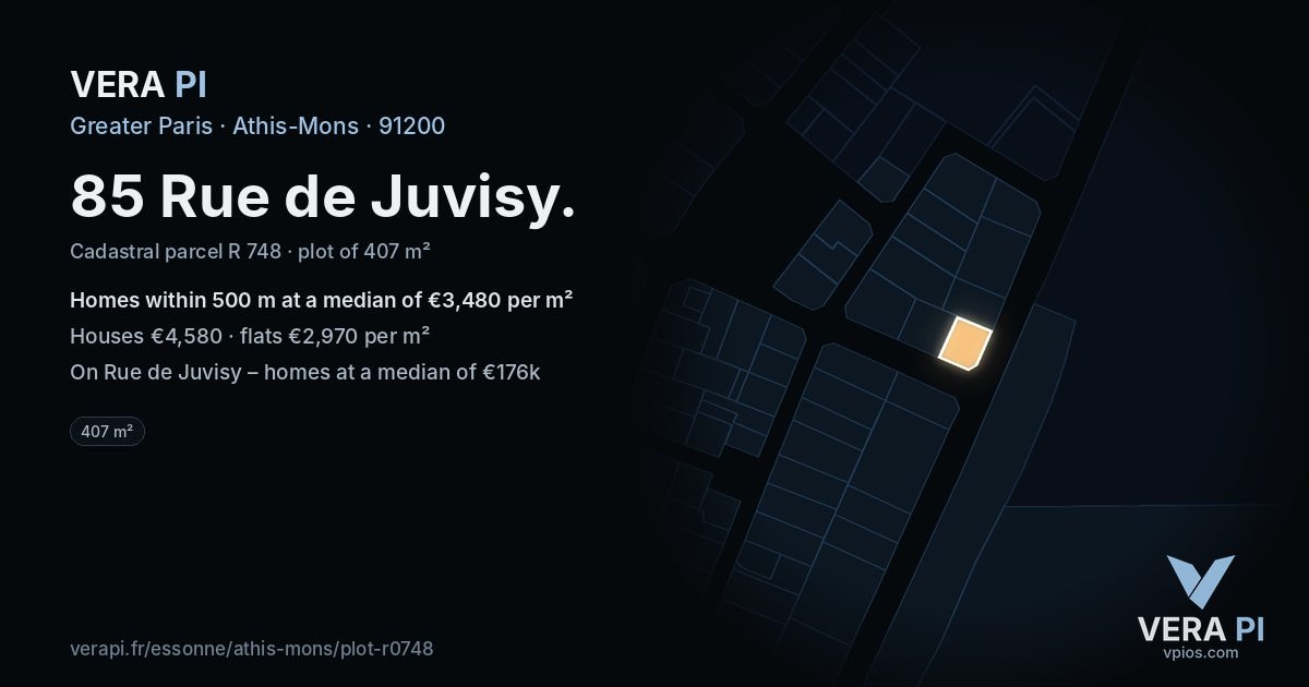85 Rue de Juvisy, Athis-Mons at night – the plot lit, the parcels around coloured by the prices near them