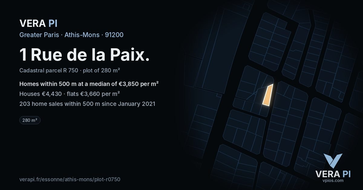 1 Rue de la Paix, Athis-Mons at night – the plot lit, the parcels around coloured by the prices near them
