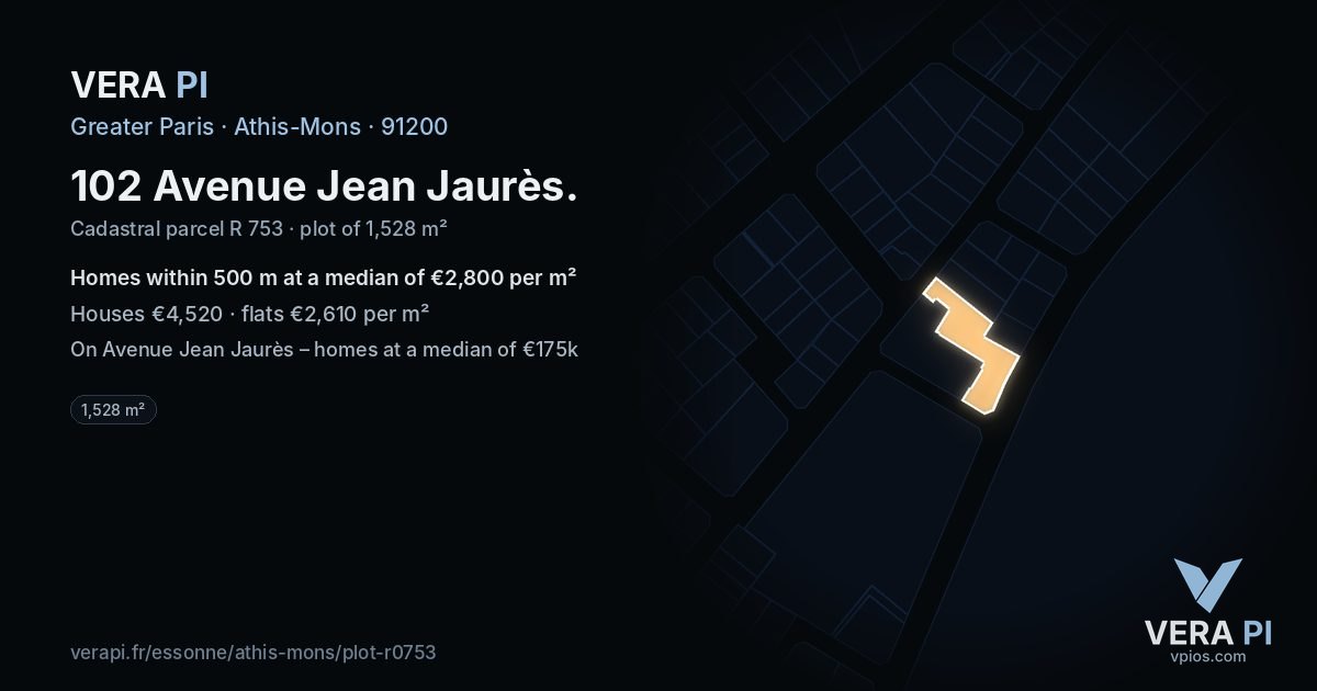 102 Avenue Jean Jaurès, Athis-Mons at night – the plot lit, the parcels around coloured by the prices near them
