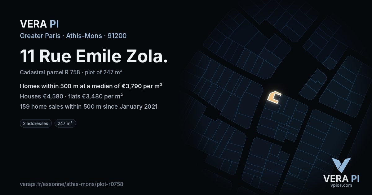 11 Rue Emile Zola, Athis-Mons at night – the plot lit, the parcels around coloured by the prices near them