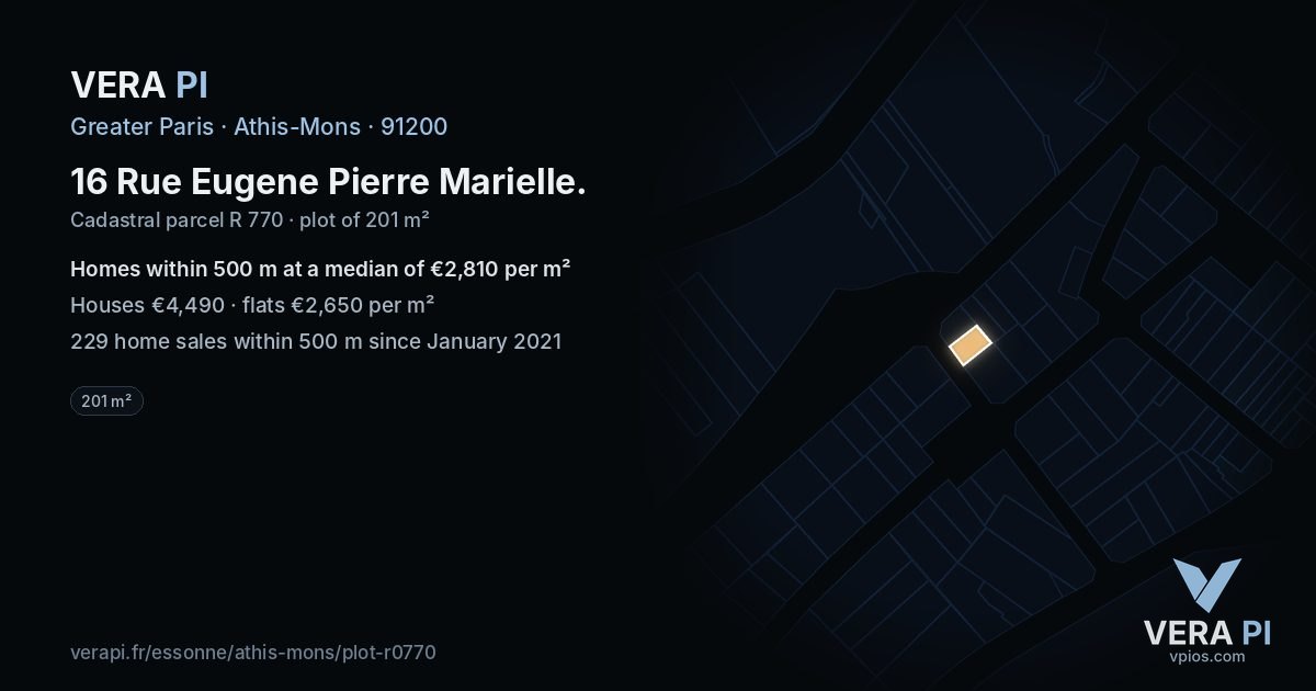 16 Rue Eugene Pierre Marielle, Athis-Mons at night – the plot lit, the parcels around coloured by the prices near them
