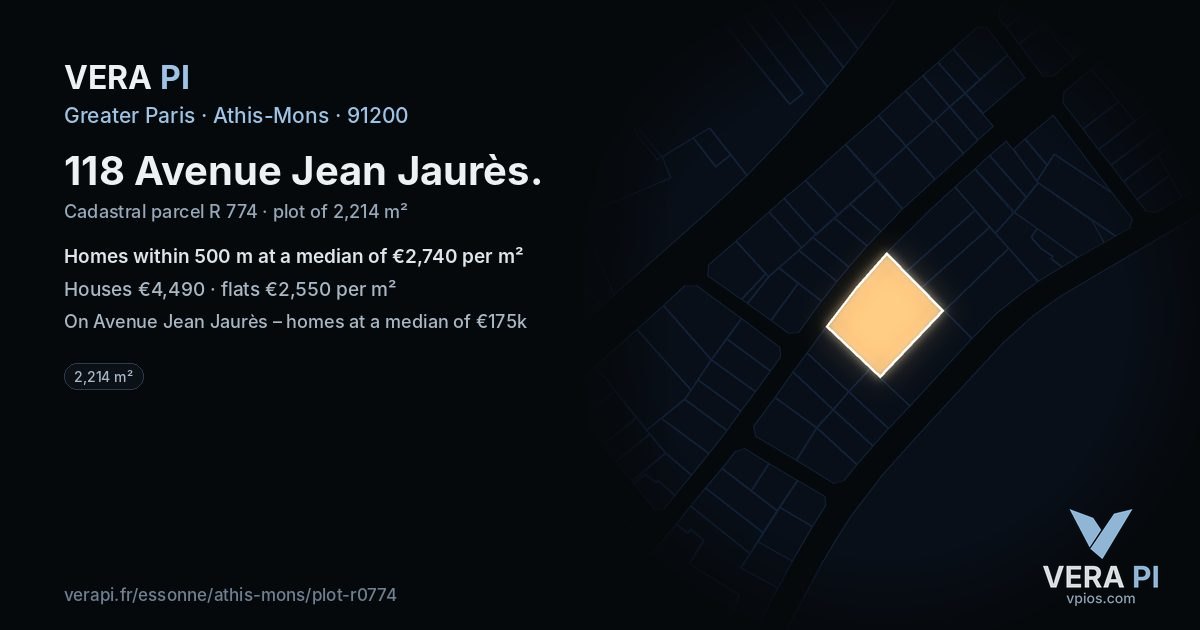 118 Avenue Jean Jaurès, Athis-Mons at night – the plot lit, the parcels around coloured by the prices near them