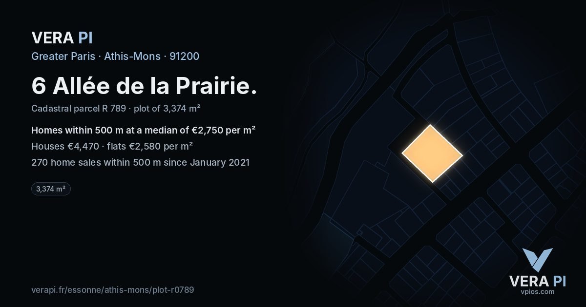6 Allée de la Prairie, Athis-Mons at night – the plot lit, the parcels around coloured by the prices near them