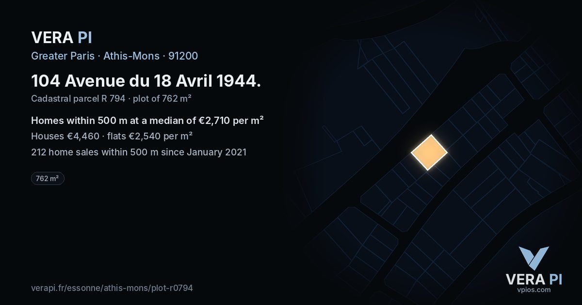 104 Avenue du 18 Avril 1944, Athis-Mons at night – the plot lit, the parcels around coloured by the prices near them