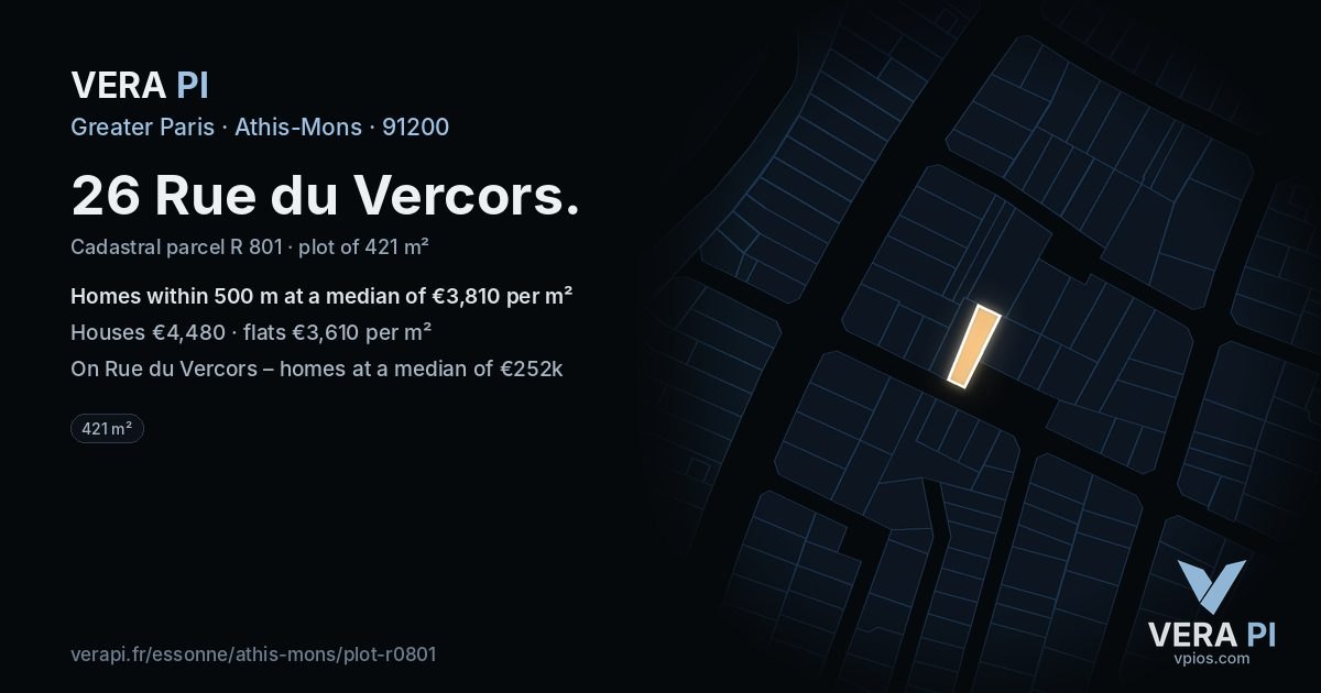 26 Rue du Vercors, Athis-Mons at night – the plot lit, the parcels around coloured by the prices near them