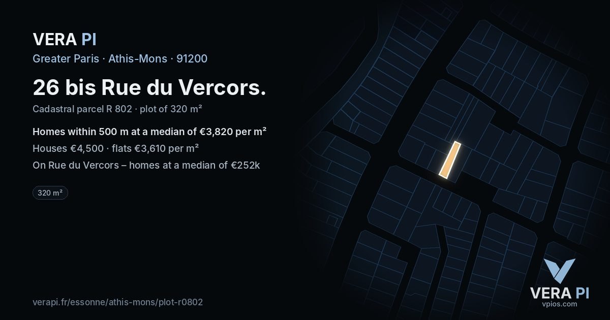 26 bis Rue du Vercors, Athis-Mons at night – the plot lit, the parcels around coloured by the prices near them