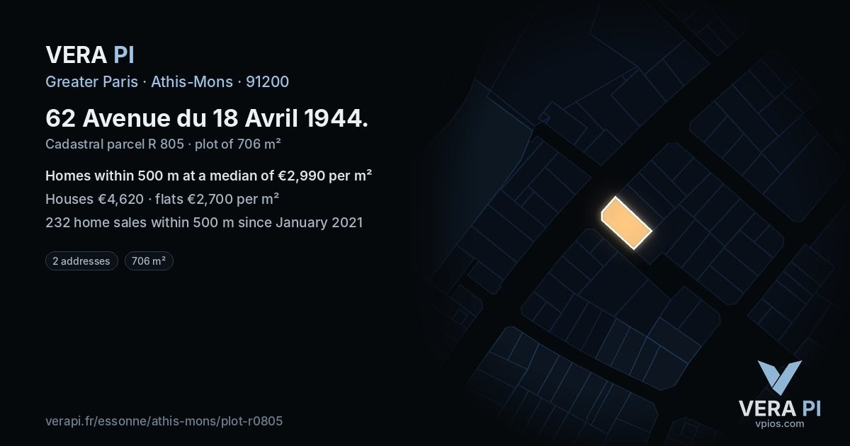 62 Avenue du 18 Avril 1944, Athis-Mons at night – the plot lit, the parcels around coloured by the prices near them