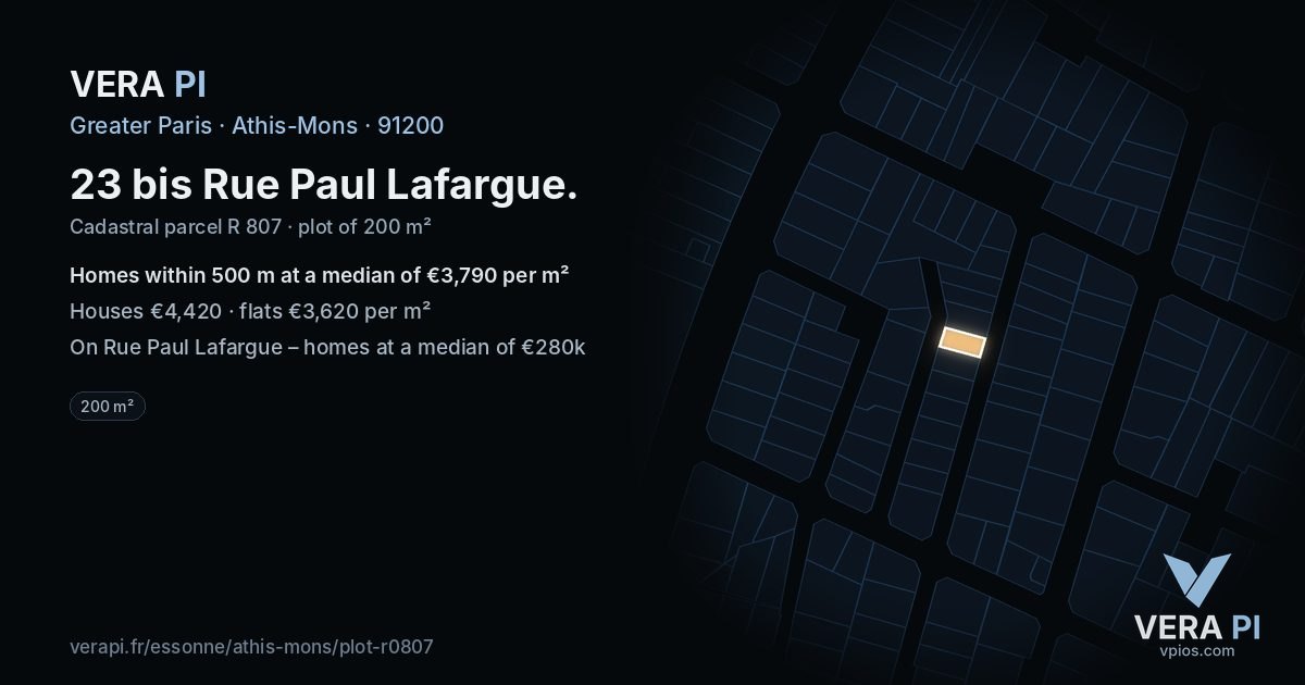 23 bis Rue Paul Lafargue, Athis-Mons at night – the plot lit, the parcels around coloured by the prices near them