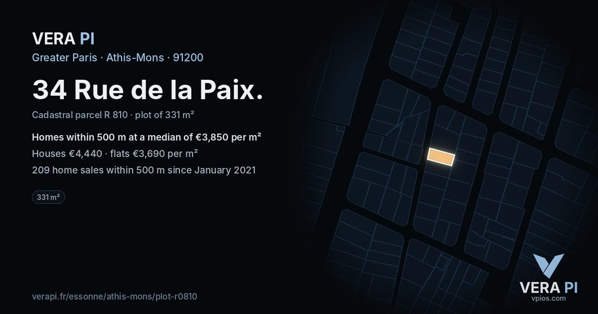 34 Rue de la Paix, Athis-Mons at night – the plot lit, the parcels around coloured by the prices near them