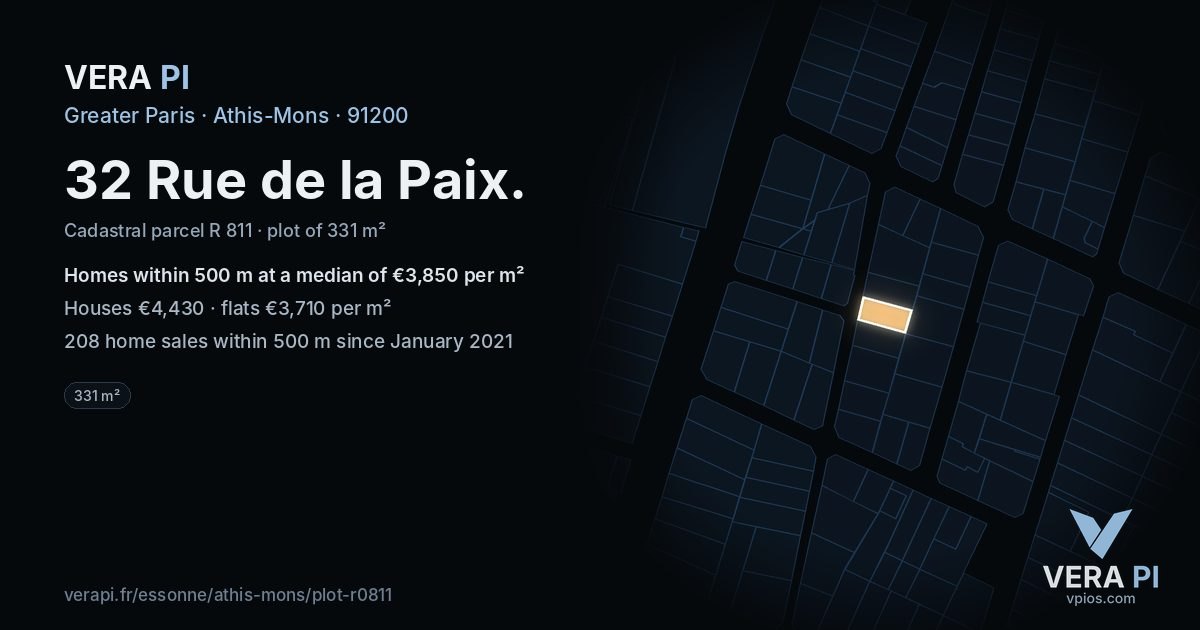 32 Rue de la Paix, Athis-Mons at night – the plot lit, the parcels around coloured by the prices near them