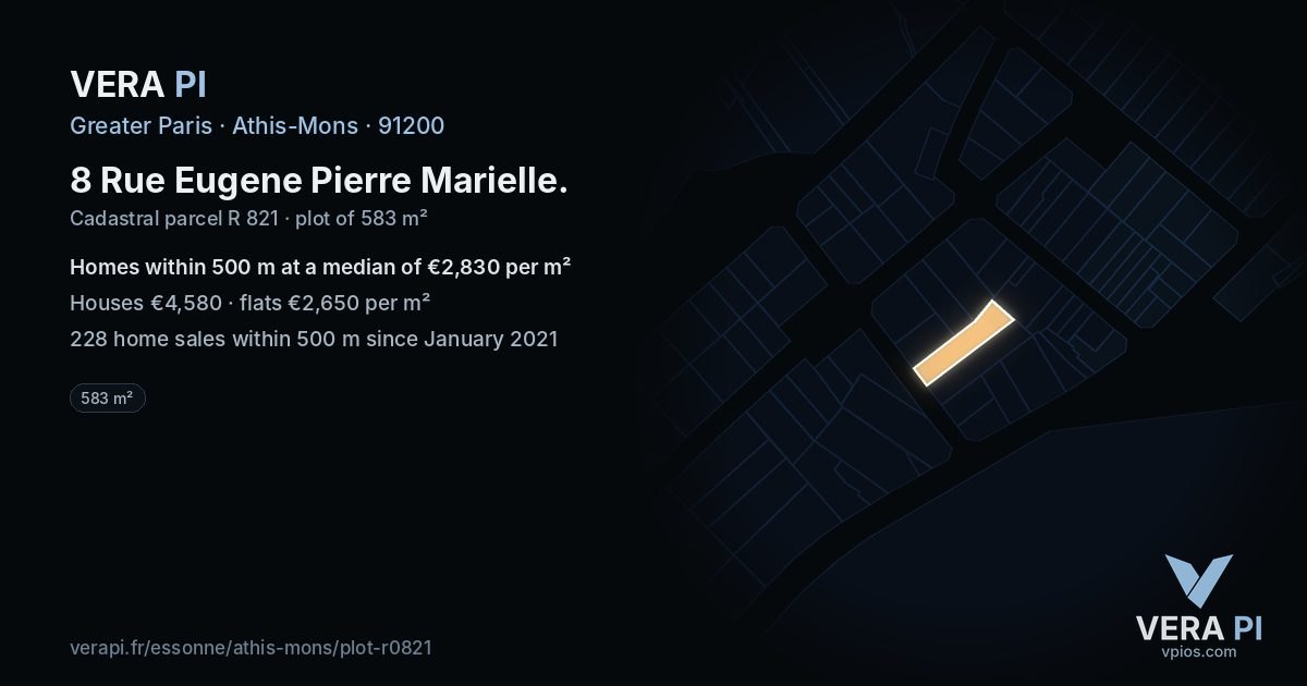 8 Rue Eugene Pierre Marielle, Athis-Mons at night – the plot lit, the parcels around coloured by the prices near them