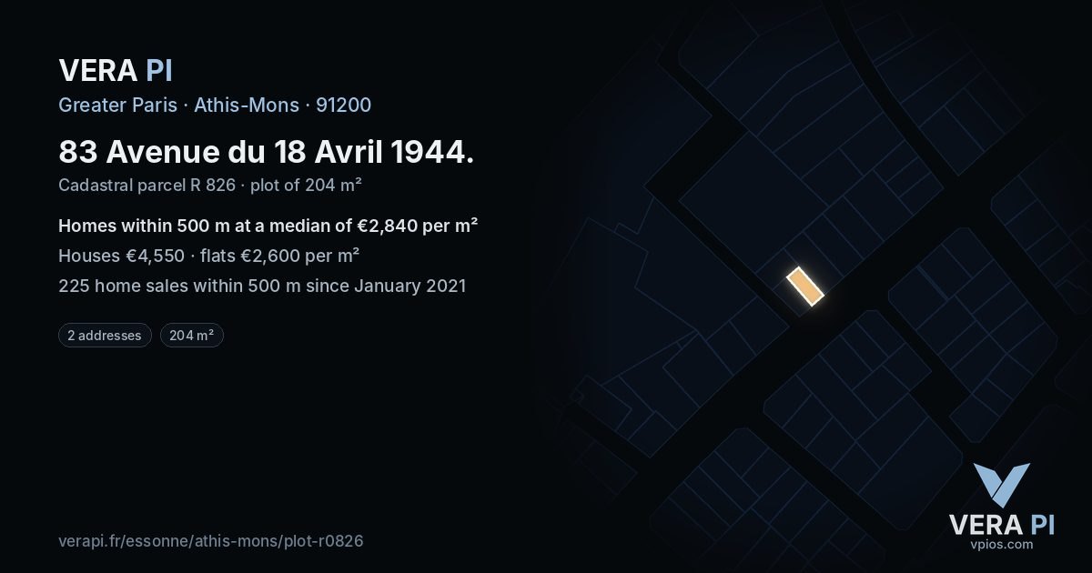 83 Avenue du 18 Avril 1944, Athis-Mons at night – the plot lit, the parcels around coloured by the prices near them