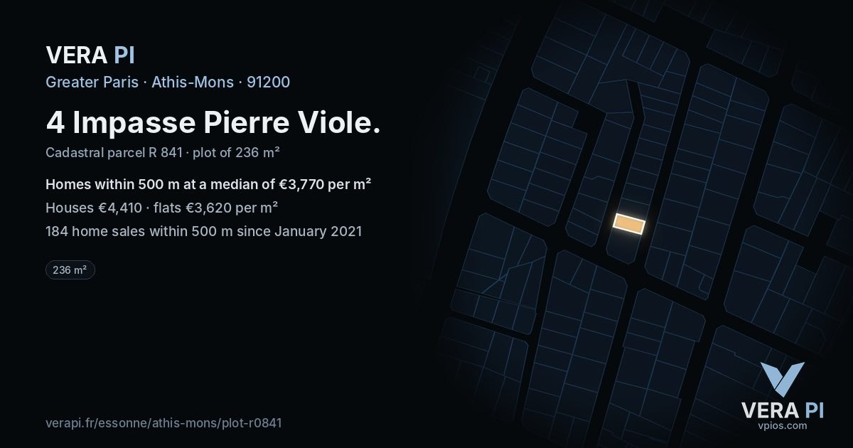4 Impasse Pierre Viole, Athis-Mons at night – the plot lit, the parcels around coloured by the prices near them