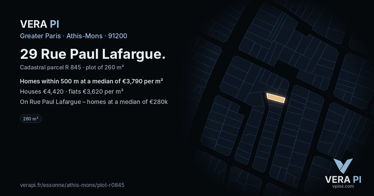29 Rue Paul Lafargue, Athis-Mons at night – the plot lit, the parcels around coloured by the prices near them