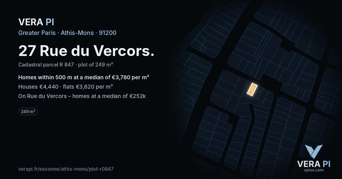 27 Rue du Vercors, Athis-Mons at night – the plot lit, the parcels around coloured by the prices near them
