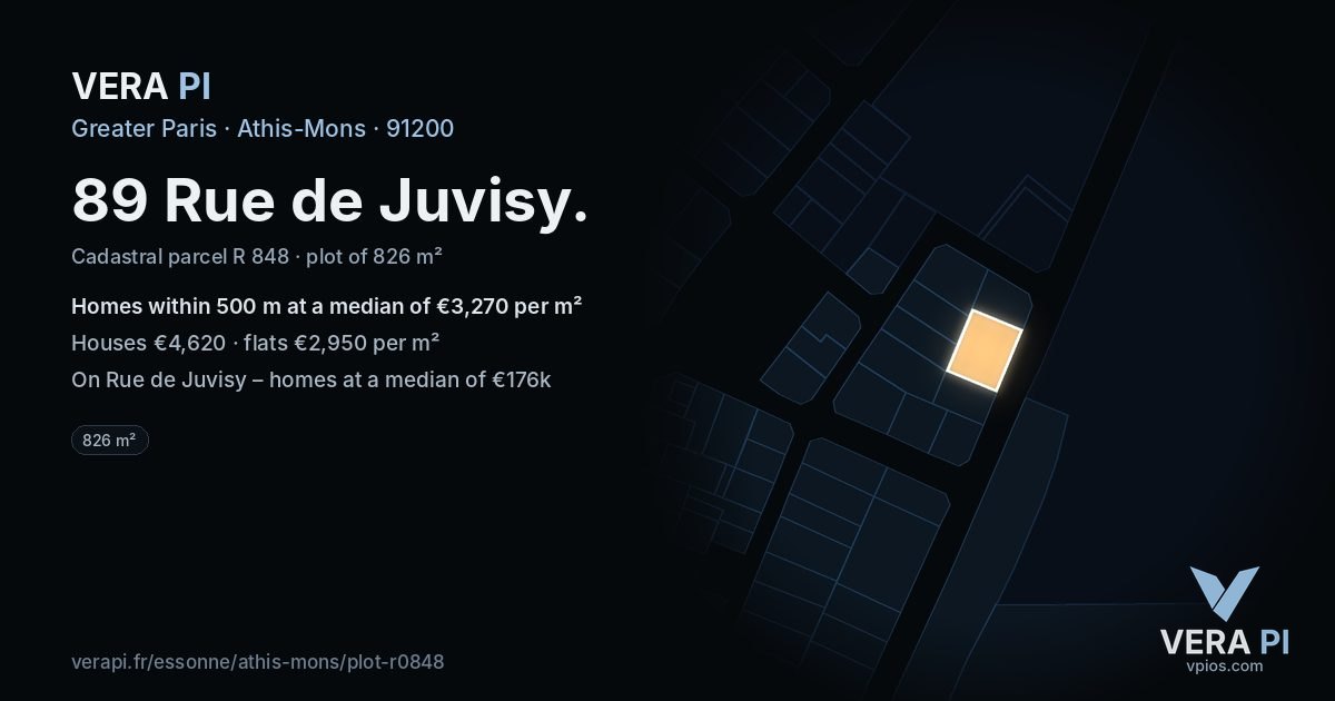 89 Rue de Juvisy, Athis-Mons at night – the plot lit, the parcels around coloured by the prices near them
