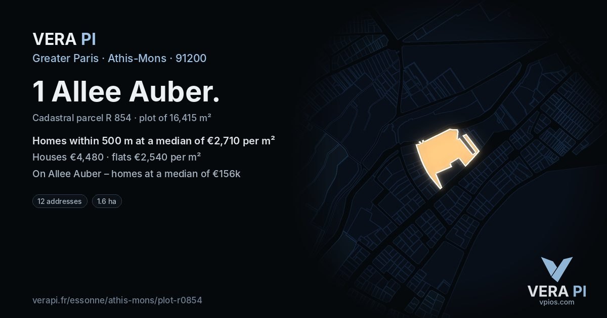 1 Allee Auber, Athis-Mons at night – the plot lit, the parcels around coloured by the prices near them